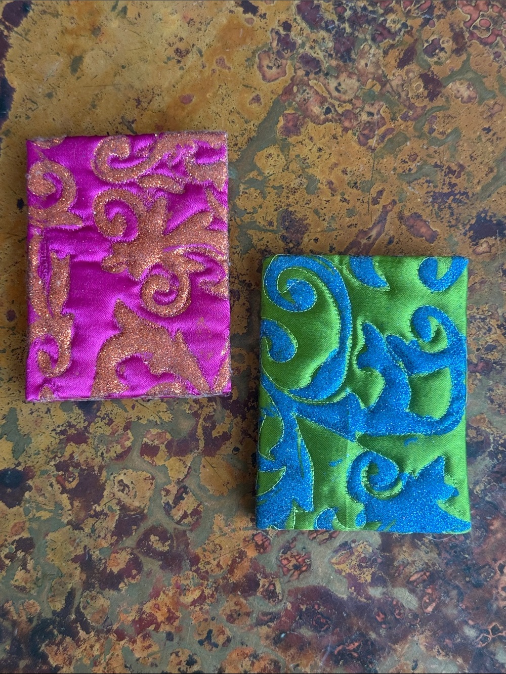 (2) Mini Decorative Satin JournalsLime Green Blue Glitter, Pink Orange Glitter